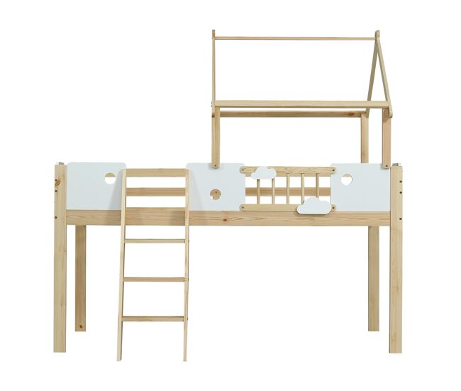 Cama alta 90x200cm - con protección contra caídas, diseño de techo, escalera de 3 peldaños - blanco + natural