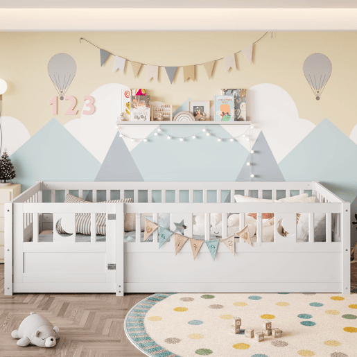 Cama infantil 90x190 cm - Com grades, decoração de estrelas e lua - Branco Cama infantil 90x190 cm - Com grades, decoração de estrelas e lua - Branco