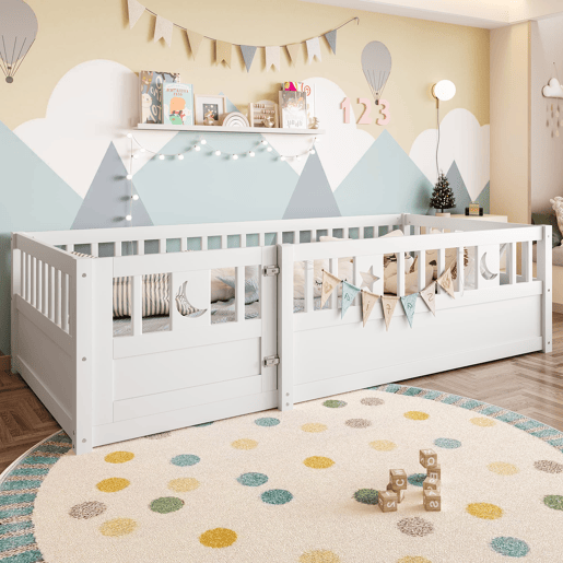 Cama infantil 90x190 cm - Com grades, decoração de estrelas e lua - Branco Cama infantil 90x190 cm - Com grades, decoração de estrelas e lua - Branco