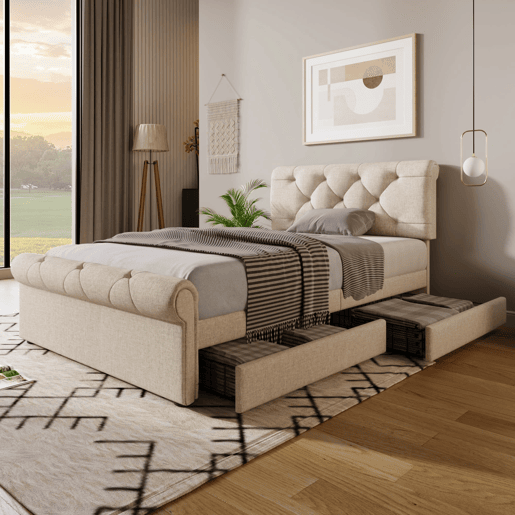 Cama individual 90x200 cm - Cama estofada com 2 gavetas e cabeceira ajustável - Natural