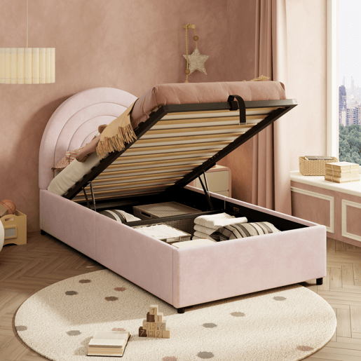 Cama com armazenamento,cama de criança,cama de solteiro de veludo 90x200 cm,rosa