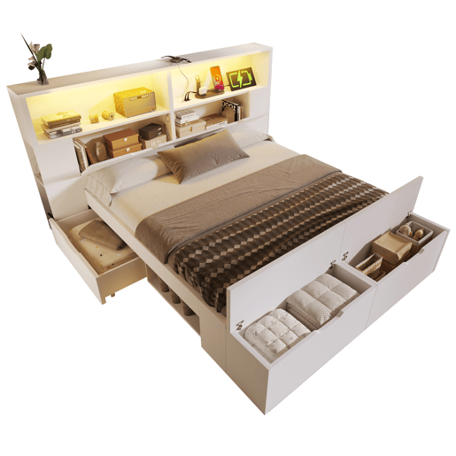 Cama de criança,cama de casal de madeira maciça 140x200 cm com luz led,branco