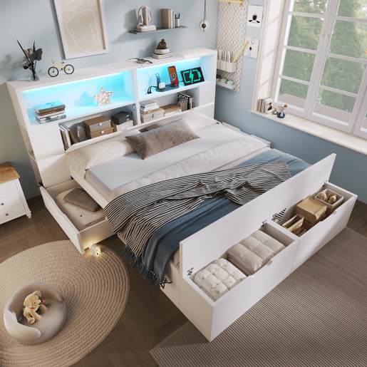 Cama de criança,cama de casal de madeira maciça 140x200 cm com luz led,branco