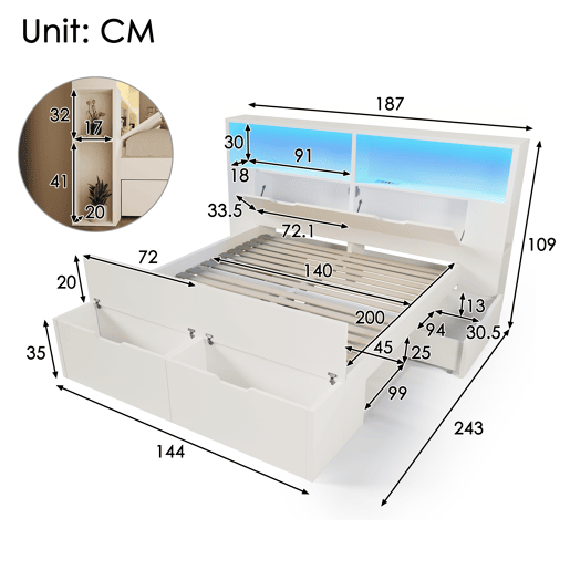 Cama de criança,cama de casal de madeira maciça 140x200 cm com luz led,branco