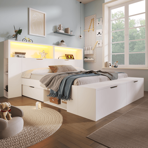 Cama de criança,cama de casal de madeira maciça 140x200 cm com luz led,branco