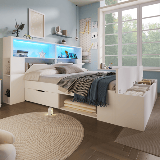 Cama de criança,cama de casal de madeira maciça 140x200 cm com luz led,branco