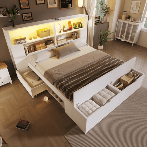 Cama de criança,cama de casal de madeira maciça 140x200 cm com luz led,branco