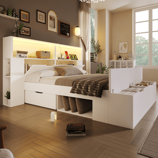 Cama de criança,cama de casal de madeira maciça 140x200 cm com luz led,branco
