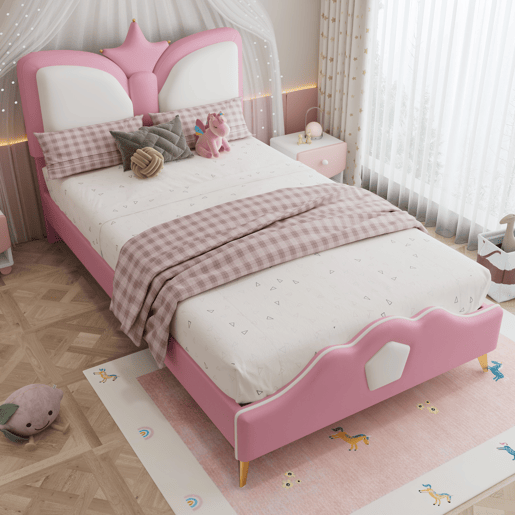 Cama de criança,cama de solteiro de pu 90x200 cm,rosa+branco