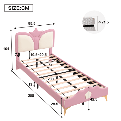 Cama de criança,cama de solteiro de pu 90x200 cm,rosa+branco
