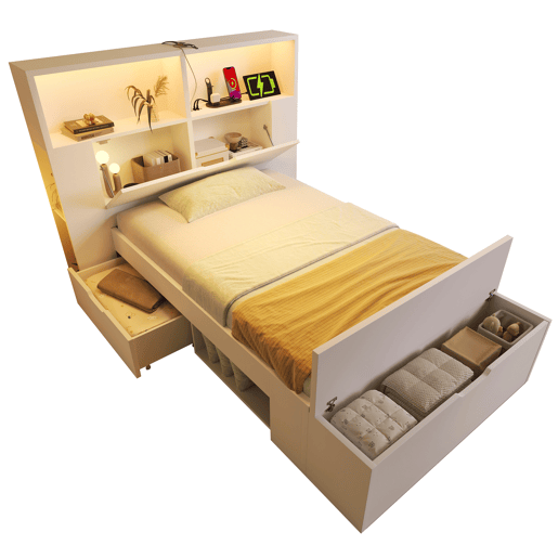Cama de criança,cama de solteiro de madeira maciça 90x200 cm com luz led,branco