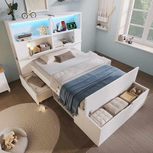 Cama de criança,cama de solteiro de madeira maciça 90x200 cm com luz led,branco