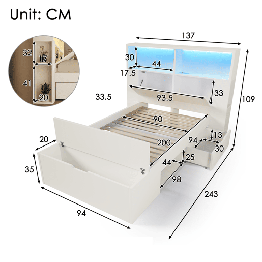 Cama de criança,cama de solteiro de madeira maciça 90x200 cm com luz led,branco