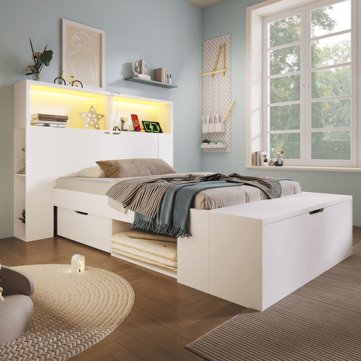 Cama de criança,cama de solteiro de madeira maciça 90x200 cm com luz led,branco