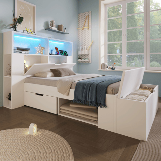 Cama de criança,cama de solteiro de madeira maciça 90x200 cm com luz led,branco
