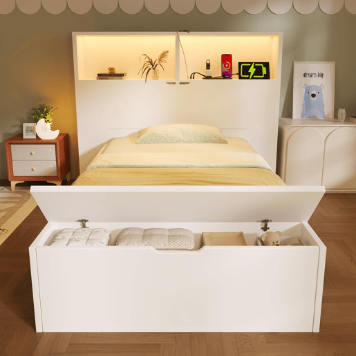 Cama de criança,cama de solteiro de madeira maciça 90x200 cm com luz led,branco