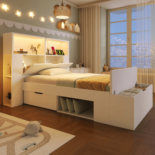 Cama de criança,cama de solteiro de madeira maciça 90x200 cm com luz led,branco