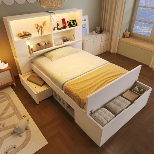 Cama de criança,cama de solteiro de madeira maciça 90x200 cm com luz led,branco