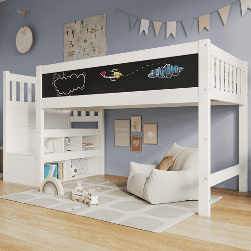 Cama alta infantil 90x200 cm - Com quadro, arrumação e proteção contra quedas - Branca