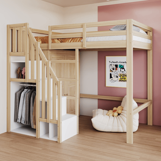 Cama alta 90x200 cm - Com escada de segurança, armário de arrumação - Cor madeira natural