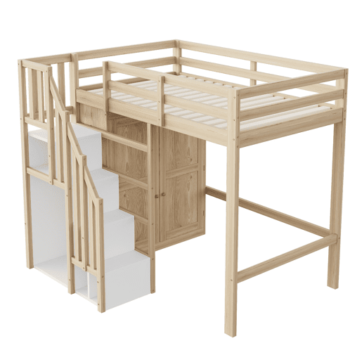 Cama alta 90x200 cm - Com escada de segurança, armário de arrumação - Cor madeira natural