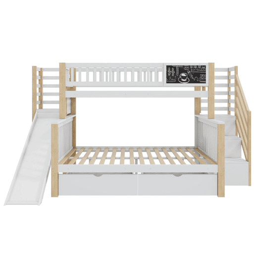 Cama casa 140x200cm e 90x200cm - com escada, armários, escorregador e quadro negro - branco e natural