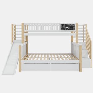Cama casa 140x200cm e 90x200cm - com escada, armários, escorregador e quadro negro - branco e natural