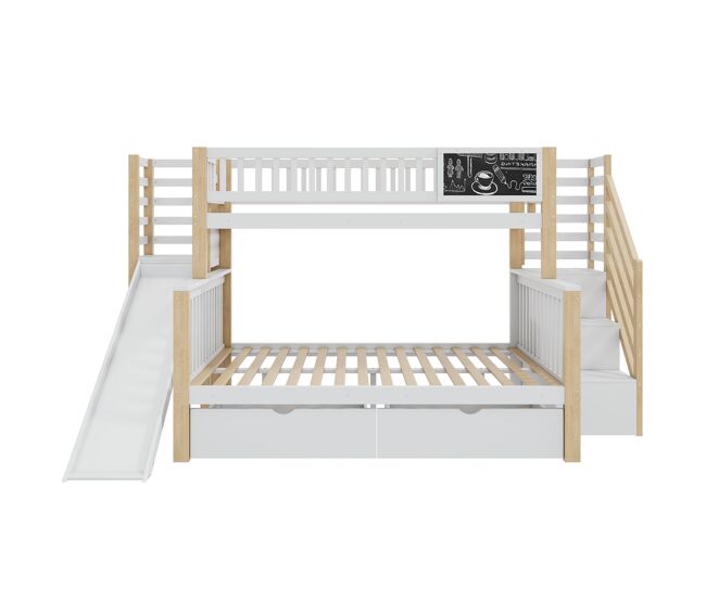Cama casa 140x200cm y 90x200cm - con escalera, armarios, tobogán y pizarra - blanco y natural