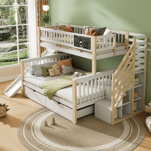 Cama casa 140x200cm e 90x200cm - com escada, armários, escorregador e quadro negro - branco e natural
