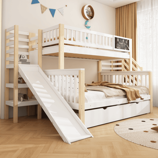 Cama casa 140x200cm e 90x200cm - com escada, armários, escorregador e quadro negro - branco e natural