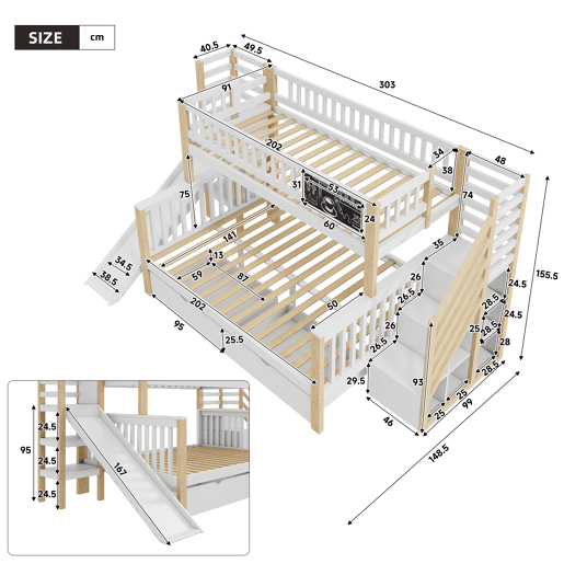Cama casa 140x200cm e 90x200cm - com escada, armários, escorregador e quadro negro - branco e natural