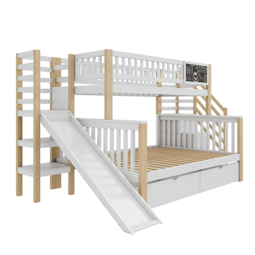 Cama casa 140x200cm e 90x200cm - com escada, armários, escorregador e quadro negro - branco e natural