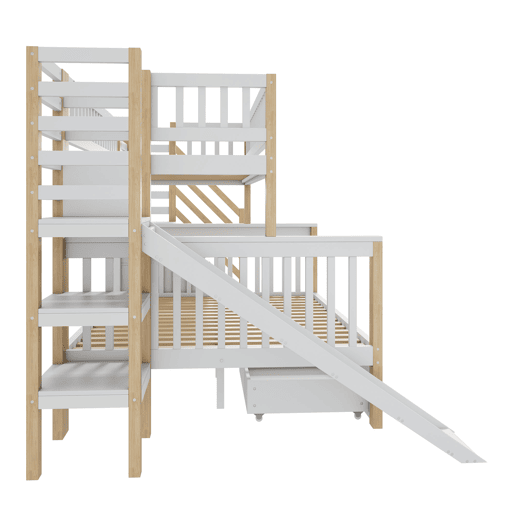 Cama casa 140x200cm e 90x200cm - com escada, armários, escorregador e quadro negro - branco e natural