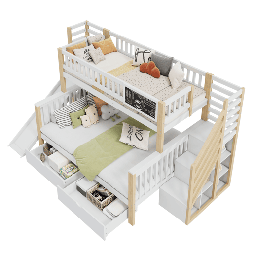 Cama casa 140x200cm e 90x200cm - com escada, armários, escorregador e quadro negro - branco e natural