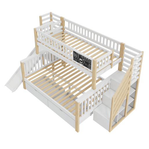 Cama casa 140x200cm e 90x200cm - com escada, armários, escorregador e quadro negro - branco e natural