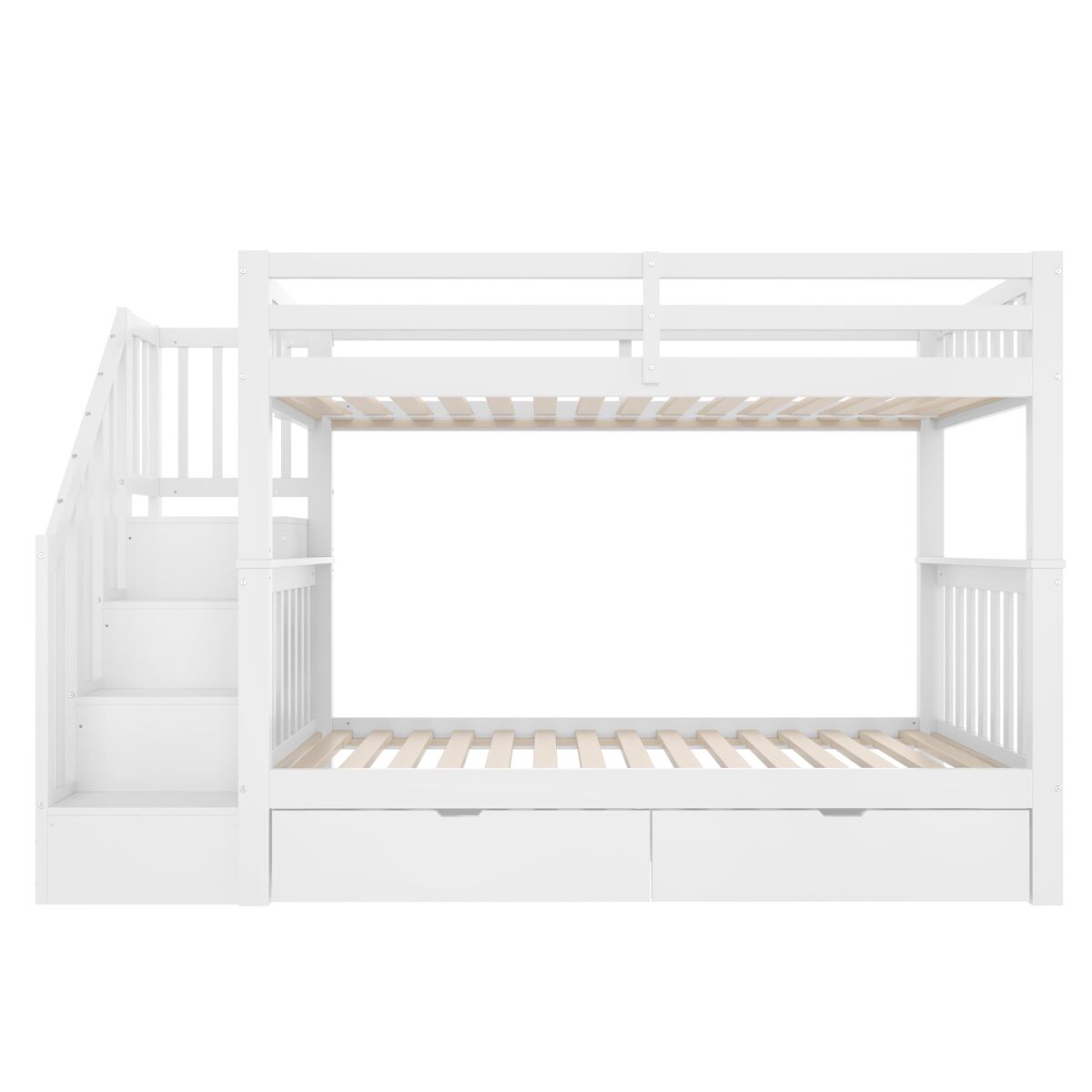 Cama litera 90x200 cm - con estante escalera, 2 cajones, barandillas altas, certificada en747-1, blanca