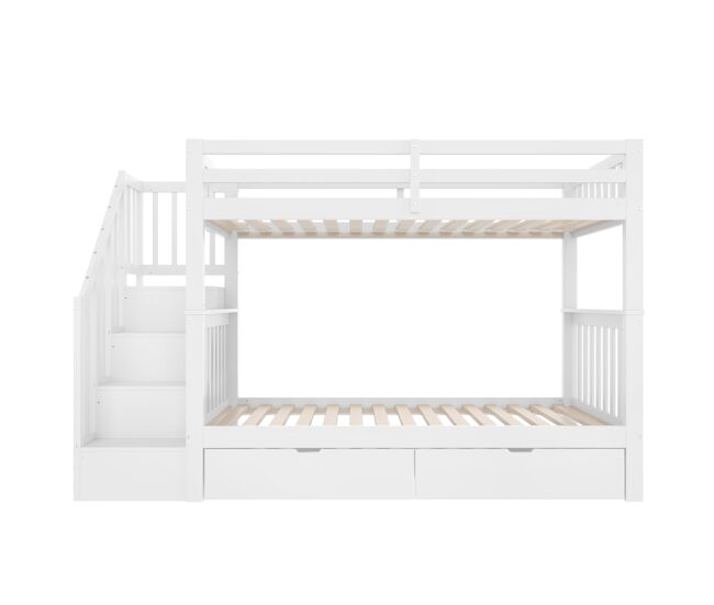 Cama litera 90x200 cm - con estante escalera, 2 cajones, barandillas altas, certificada en747-1, blanca