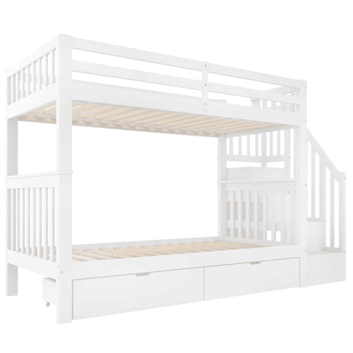 Beliche 90x200 cm - Com escada, 2 gavetas, grades altas, certificado EN747-1, branco