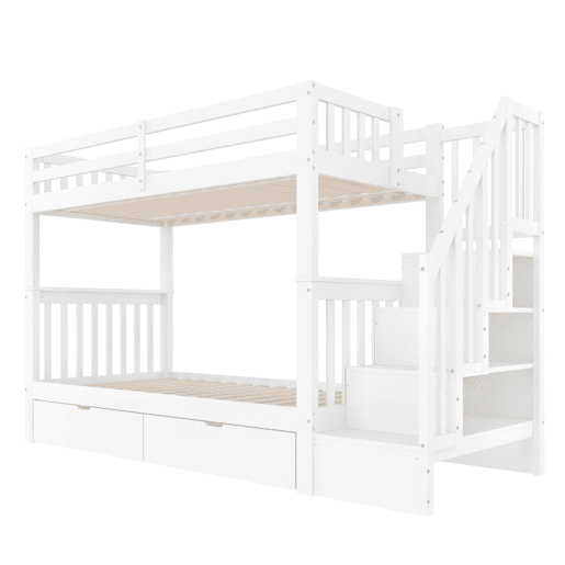 Beliche 90x200 cm - Com escada, 2 gavetas, grades altas, certificado EN747-1, branco