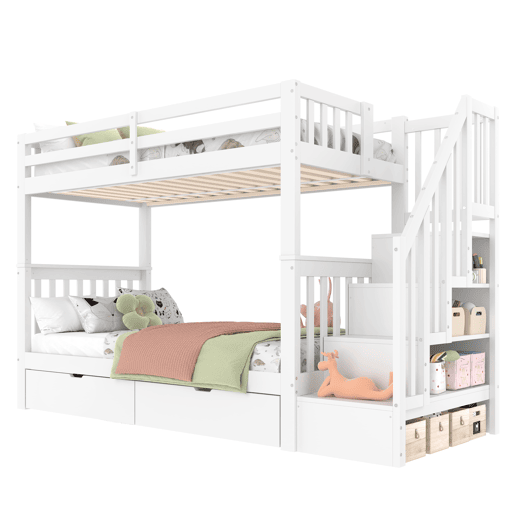 Beliche 90x200 cm - Com escada, 2 gavetas, grades altas, certificado EN747-1, branco