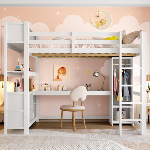 Cama alta 140x200 cm - Estantes, vários compartimentos, secretária, armário - Branco
