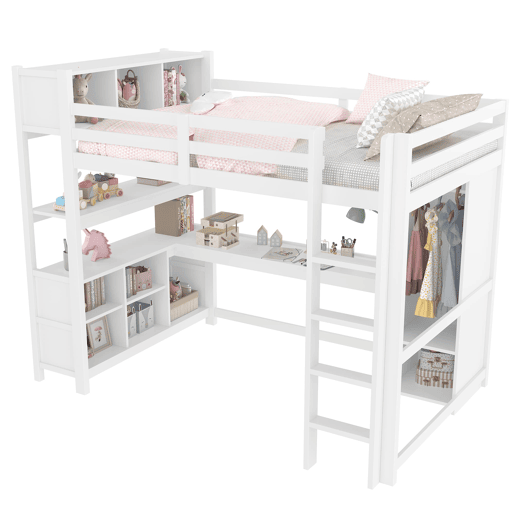 Cama alta 140x200 cm - Estantes, vários compartimentos, secretária, armário - Branco