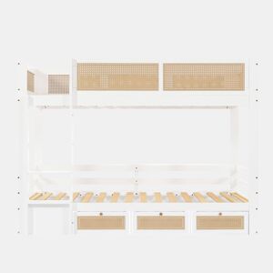 Beliche 90x200cm - Com três gavetas com rodízios, grades de proteção seguras, design com cercadinho - Branco + Natural