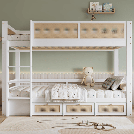 Beliche 90x200cm - Com três gavetas com rodízios, grades de proteção seguras, design com cercadinho - Branco + Natural