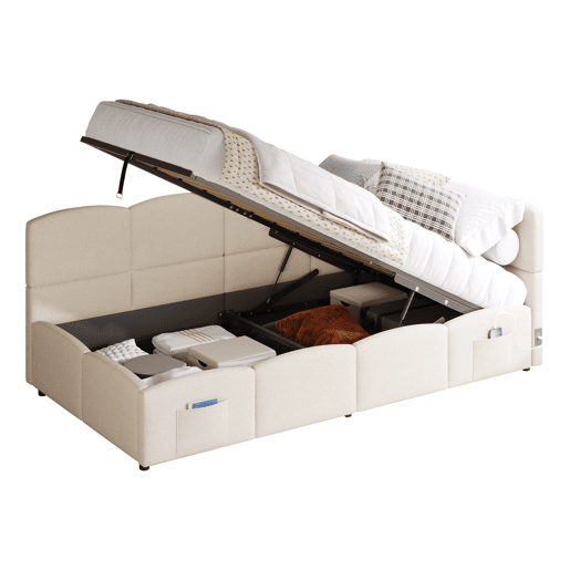 Cama com armazenamento,cama de criança,cama de solteiro de veludo 90x200 cm,bege