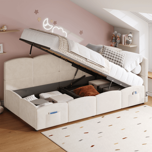Cama com armazenamento,cama de criança,cama de solteiro de veludo 90x200 cm,bege