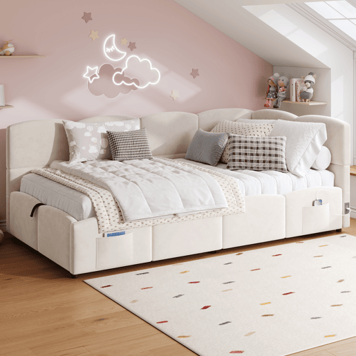 Cama com armazenamento,cama de criança,cama de solteiro de veludo 90x200 cm,bege