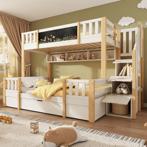 Beliche triplo 90x200 e 140x200 - Madeira maciça, ardósia, escada com arrumação, gavetas - BrancoNatural Beliche triplo 90x200 e 140x200 - Madeira maciça, ardósia, escada com arrumação, gavetas - BrancoNatural