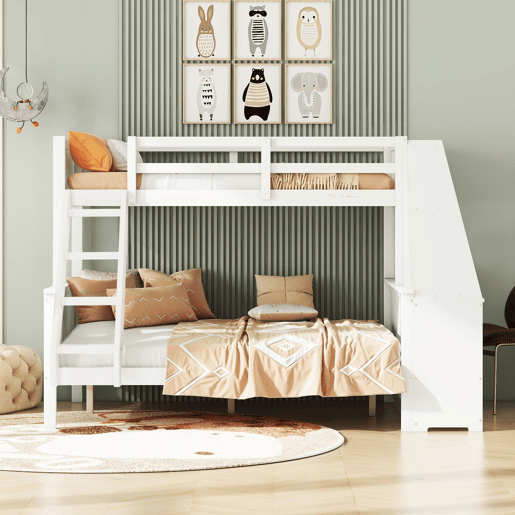 Beliche 90x200 cm + 140x200 cm - Com mesa, grande espaço de arrumação, grade alta, posição da escada opcional - Branco