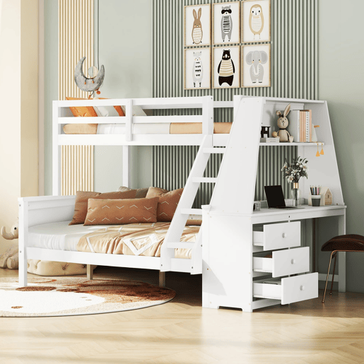 Beliche 90x200 cm + 140x200 cm - Com mesa, grande espaço de arrumação, grade alta, posição da escada opcional - Branco